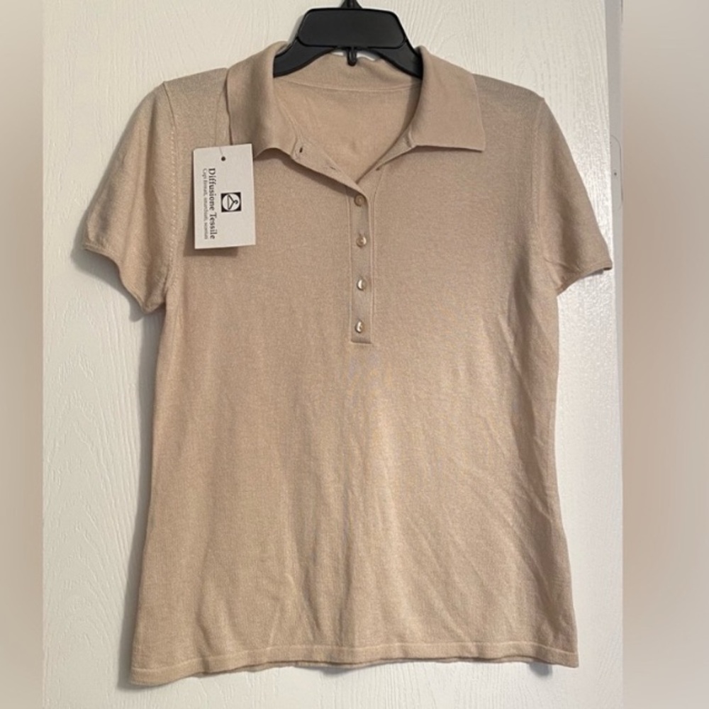Buttoned Pearl Short Sleeve Collared Silk Cashmere Cream Women Top Small NWT
